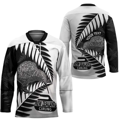 New Zealand Silver Fern Curling Personalised Hockey Jersey Aotearoa Kiwi Ponga Black White Version - Aussie Hoodie
