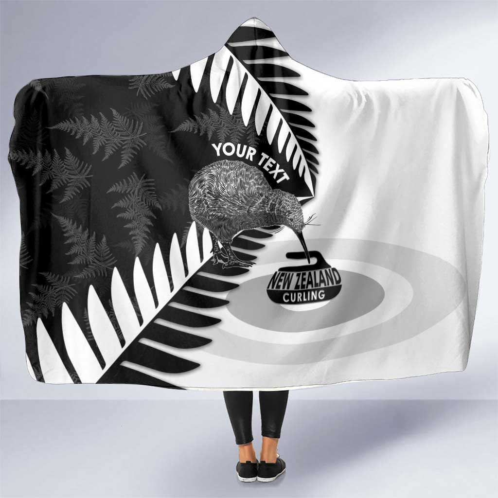 New Zealand Silver Fern Curling Personalised Hooded Blanket Aotearoa Kiwi Ponga Black White Version - Aussie Hoodie