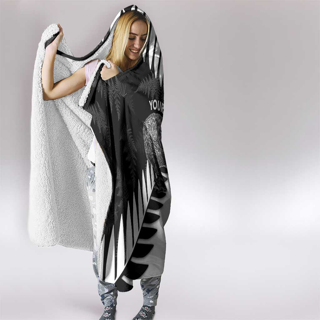 New Zealand Silver Fern Curling Personalised Hooded Blanket Aotearoa Kiwi Ponga Black White Version - Aussie Hoodie