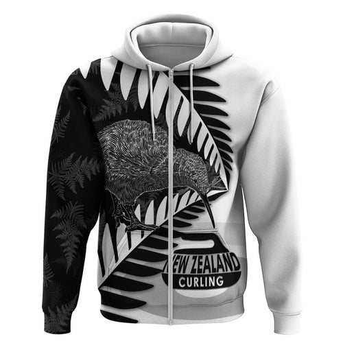 New Zealand Silver Fern Curling Personalised Hoodie Aotearoa Kiwi Ponga Black White Version - Aussie Hoodie