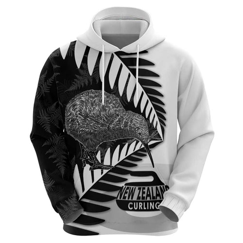 New Zealand Silver Fern Curling Personalised Hoodie Aotearoa Kiwi Ponga Black White Version - Aussie Hoodie