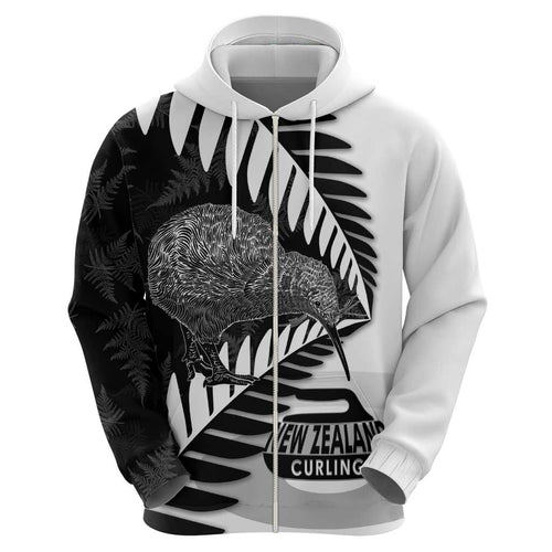 New Zealand Silver Fern Curling Personalised Hoodie Aotearoa Kiwi Ponga Black White Version - Aussie Hoodie