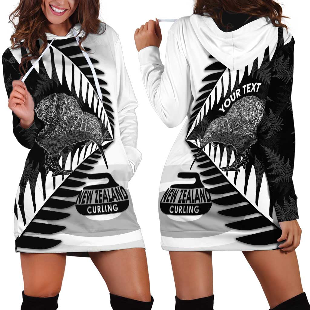 New Zealand Silver Fern Curling Personalised Hoodie Dress Aotearoa Kiwi Ponga Black White Version - Aussie Hoodie