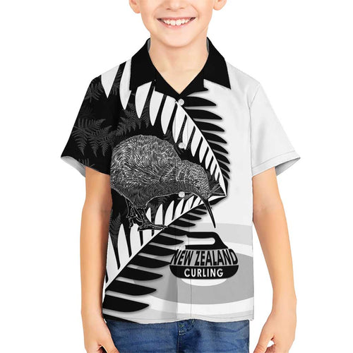 New Zealand Silver Fern Curling Personalised Kid Hawaiian Shirt Aotearoa Kiwi Ponga Black White Version - Aussie Hoodie