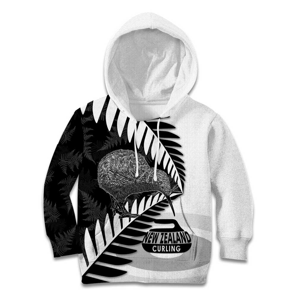 New Zealand Silver Fern Curling Personalised Kid Hoodie Aotearoa Kiwi Ponga Black White Version - Aussie Hoodie