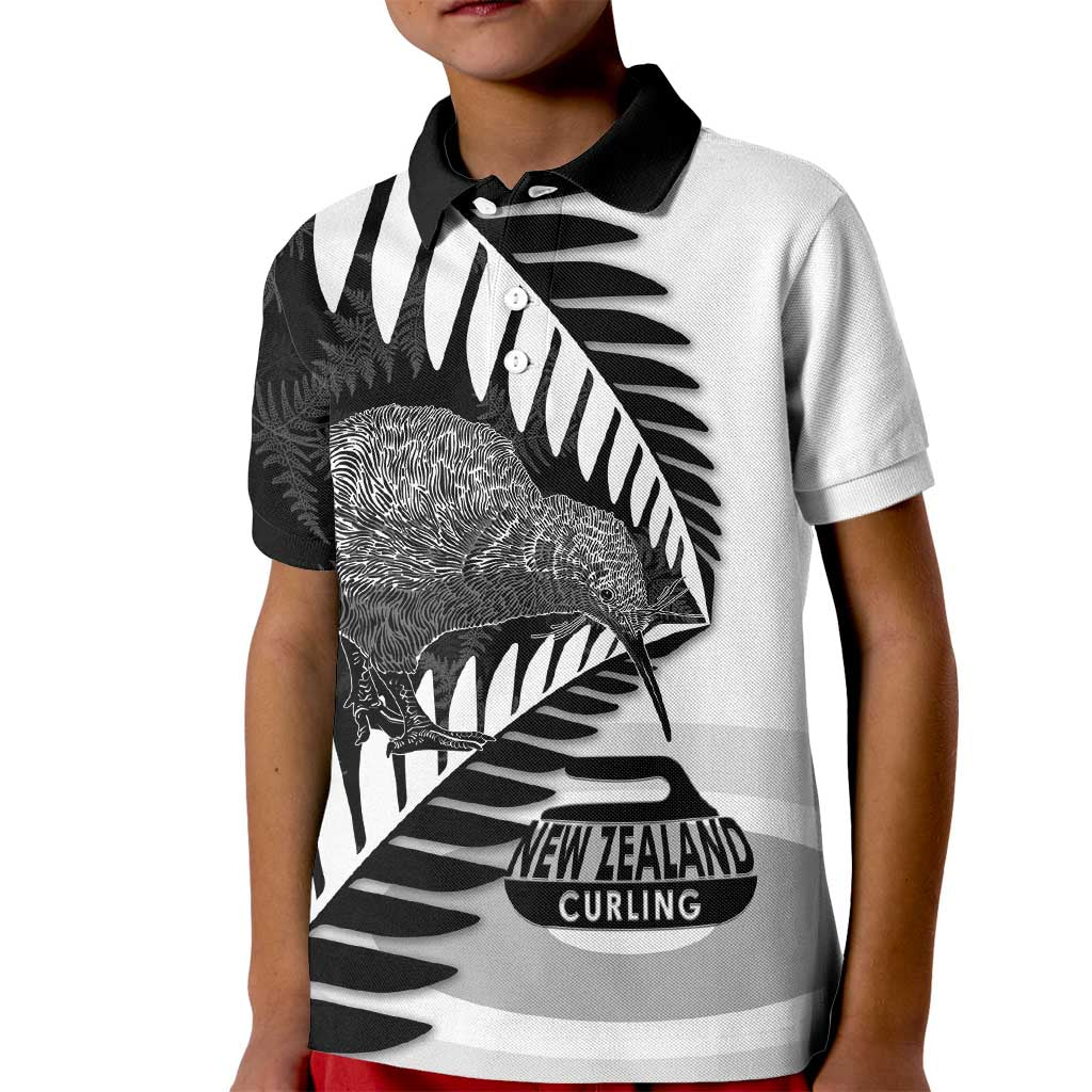 New Zealand Silver Fern Curling Personalised Kid Polo Shirt Aotearoa Kiwi Ponga Black White Version - Aussie Hoodie