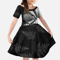 New Zealand Silver Fern Curling Personalised Kid Short Sleeve Dress Aotearoa Kiwi Ponga Black White Version - Aussie Hoodie