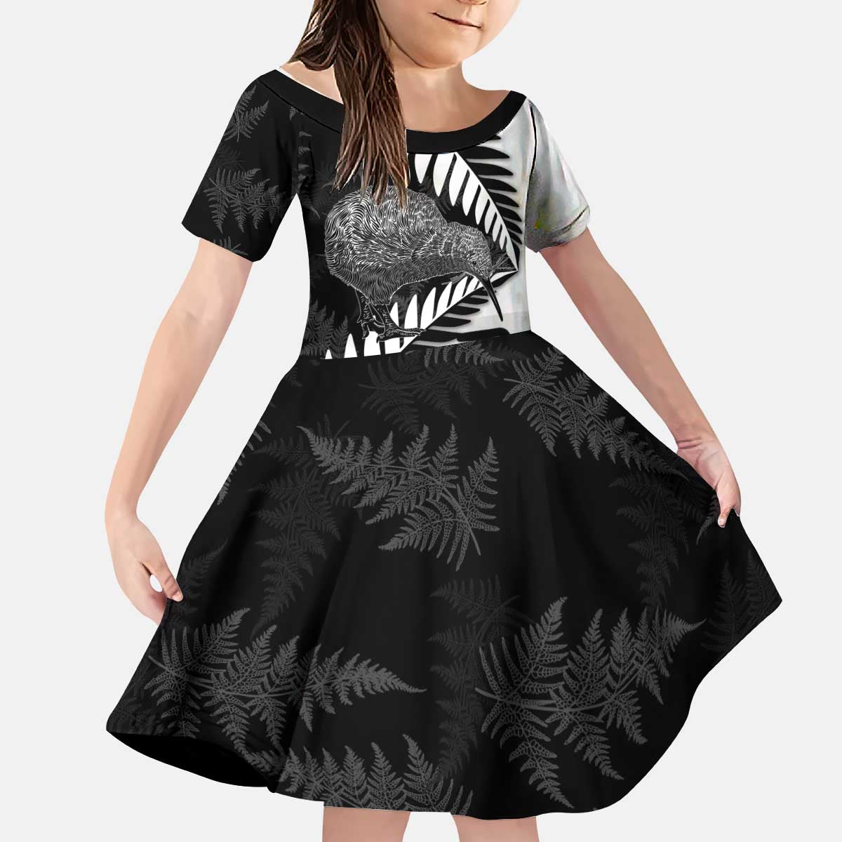New Zealand Silver Fern Curling Personalised Kid Short Sleeve Dress Aotearoa Kiwi Ponga Black White Version - Aussie Hoodie