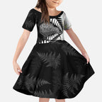 New Zealand Silver Fern Curling Personalised Kid Short Sleeve Dress Aotearoa Kiwi Ponga Black White Version - Aussie Hoodie