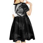 New Zealand Silver Fern Curling Personalised Kid Short Sleeve Dress Aotearoa Kiwi Ponga Black White Version - Aussie Hoodie