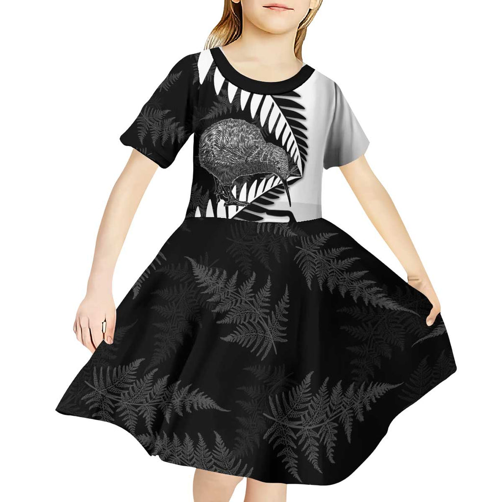 New Zealand Silver Fern Curling Personalised Kid Short Sleeve Dress Aotearoa Kiwi Ponga Black White Version - Aussie Hoodie