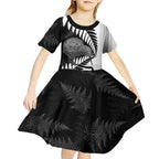 New Zealand Silver Fern Curling Personalised Kid Short Sleeve Dress Aotearoa Kiwi Ponga Black White Version - Aussie Hoodie
