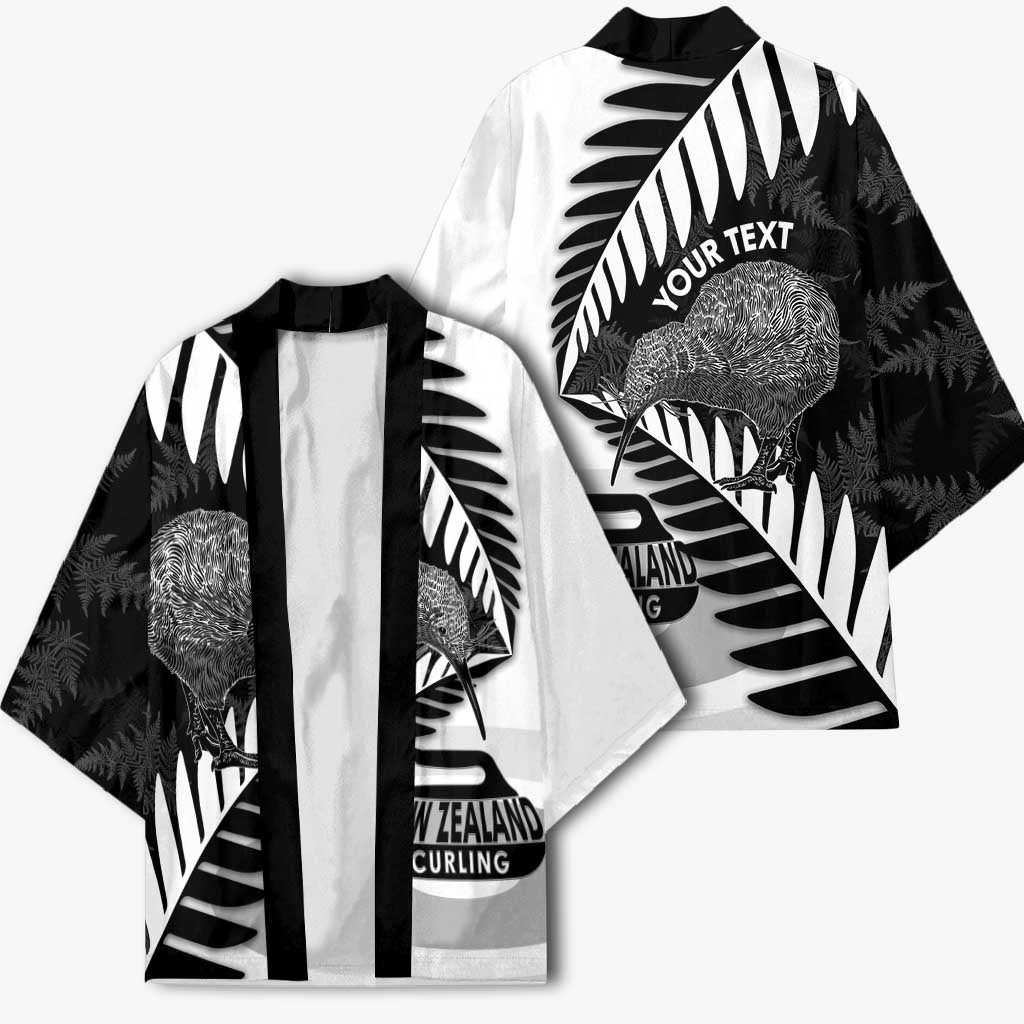 New Zealand Silver Fern Curling Personalised Kimono Aotearoa Kiwi Ponga Black White Version - Aussie Hoodie