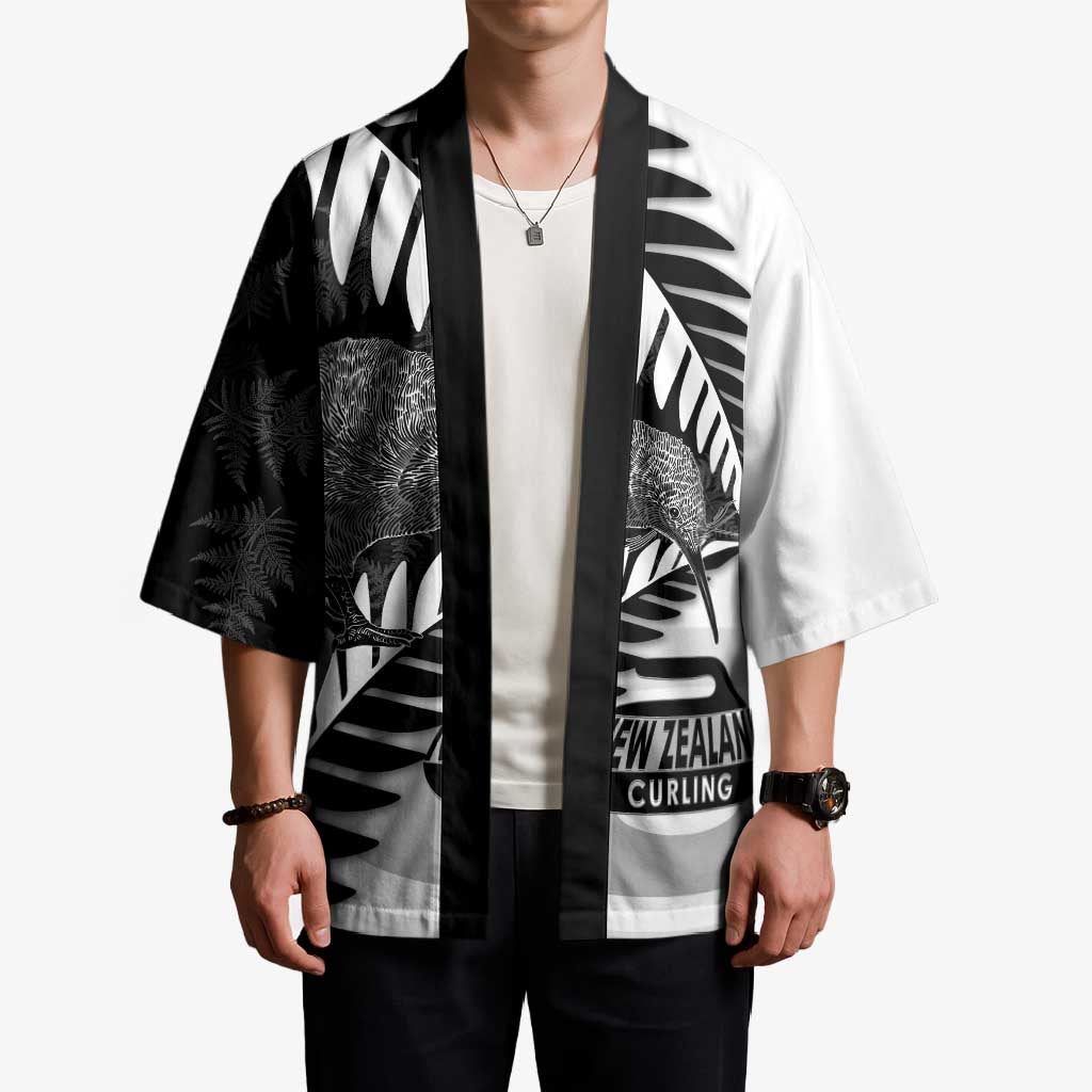 New Zealand Silver Fern Curling Personalised Kimono Aotearoa Kiwi Ponga Black White Version - Aussie Hoodie