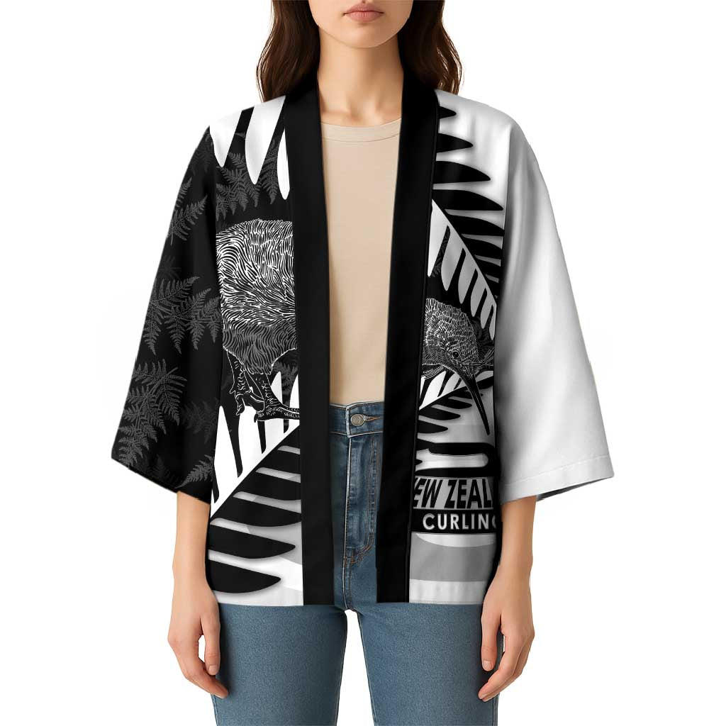 New Zealand Silver Fern Curling Personalised Kimono Aotearoa Kiwi Ponga Black White Version - Aussie Hoodie