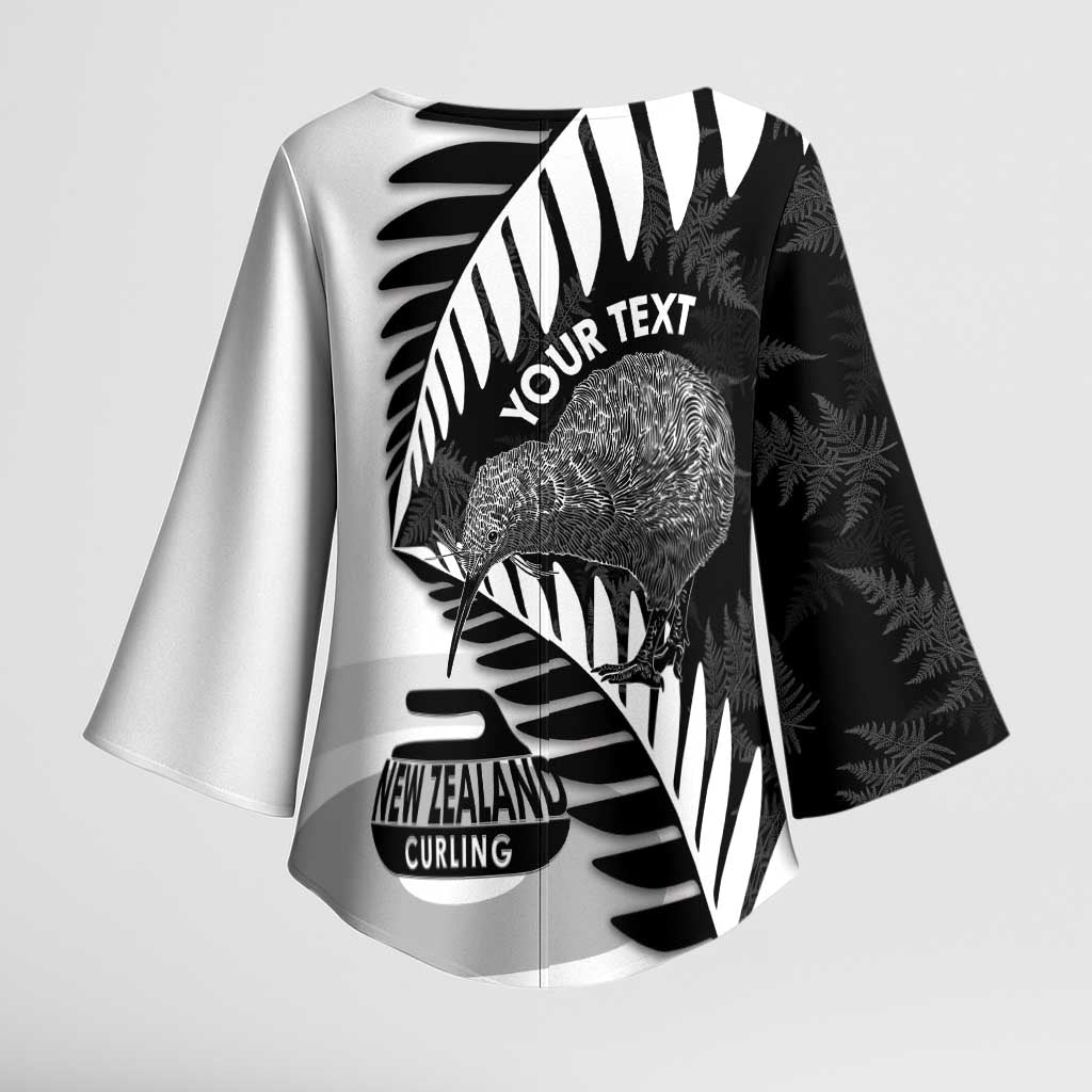 New Zealand Silver Fern Curling Personalised Kimono Sleeve Blouse Aotearoa Kiwi Ponga Black White Version - Aussie Hoodie