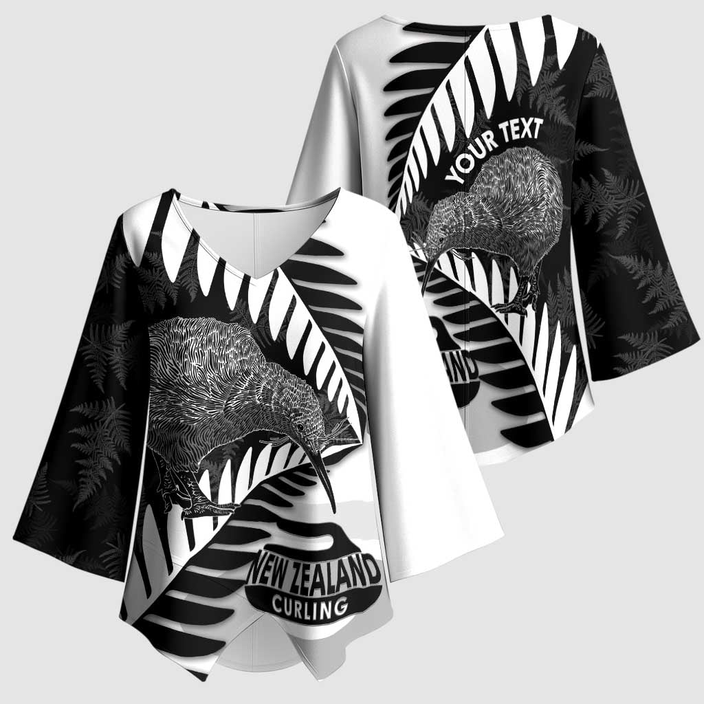 New Zealand Silver Fern Curling Personalised Kimono Sleeve Blouse Aotearoa Kiwi Ponga Black White Version - Aussie Hoodie