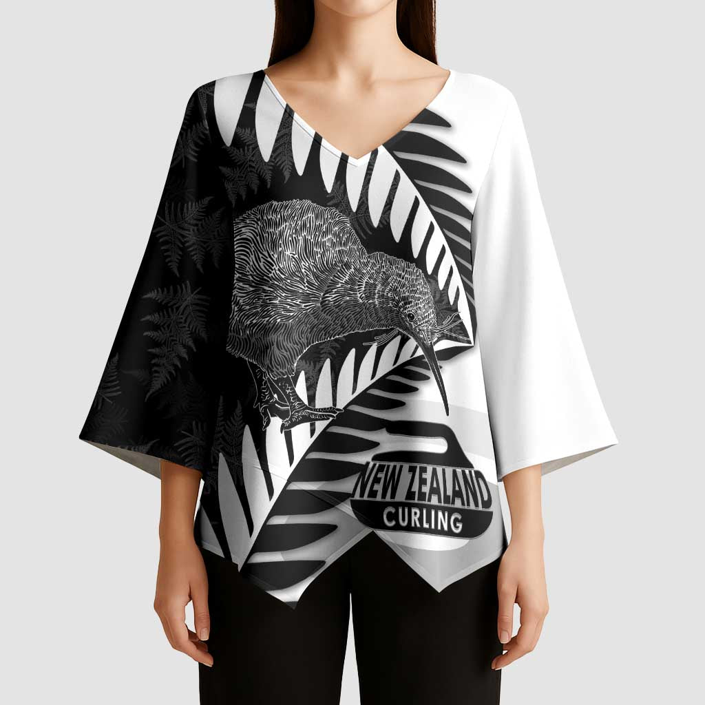 New Zealand Silver Fern Curling Personalised Kimono Sleeve Blouse Aotearoa Kiwi Ponga Black White Version - Aussie Hoodie