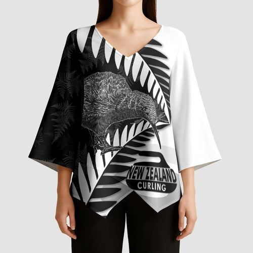 New Zealand Silver Fern Curling Personalised Kimono Sleeve Blouse Aotearoa Kiwi Ponga Black White Version - Aussie Hoodie