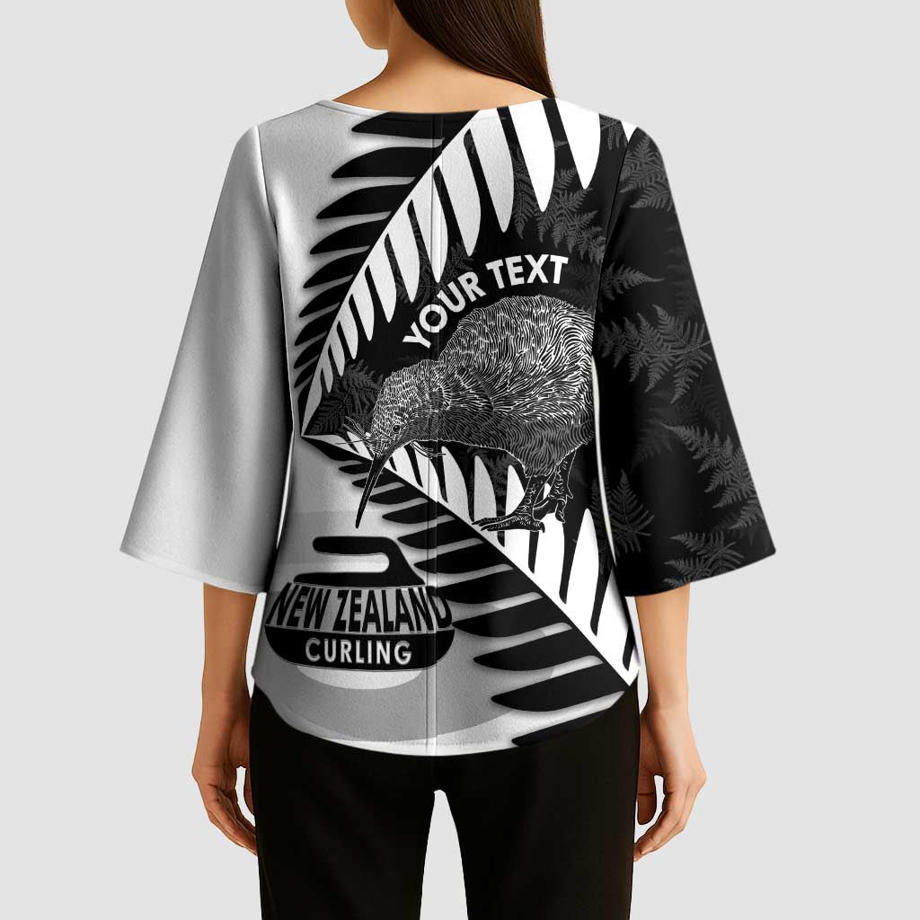 New Zealand Silver Fern Curling Personalised Kimono Sleeve Blouse Aotearoa Kiwi Ponga Black White Version - Aussie Hoodie