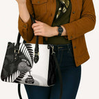 New Zealand Silver Fern Curling Personalised Leather Bag Aotearoa Kiwi Ponga Black White Version - Aussie Hoodie