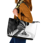 New Zealand Silver Fern Curling Personalised Leather Tote Bag Aotearoa Kiwi Ponga Black White Version - Aussie Hoodie