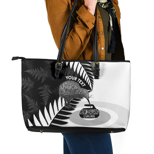 New Zealand Silver Fern Curling Personalised Leather Tote Bag Aotearoa Kiwi Ponga Black White Version - Aussie Hoodie