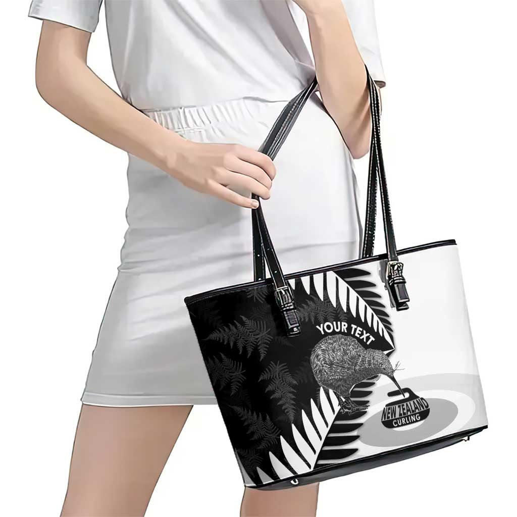 New Zealand Silver Fern Curling Personalised Leather Tote Bag Aotearoa Kiwi Ponga Black White Version - Aussie Hoodie