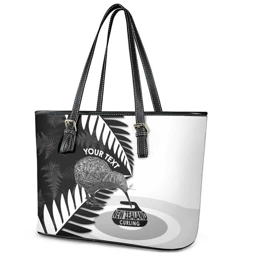 New Zealand Silver Fern Curling Personalised Leather Tote Bag Aotearoa Kiwi Ponga Black White Version - Aussie Hoodie