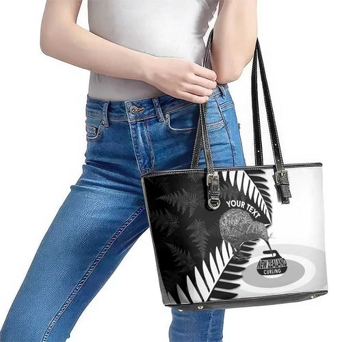 New Zealand Silver Fern Curling Personalised Leather Tote Bag Aotearoa Kiwi Ponga Black White Version - Aussie Hoodie