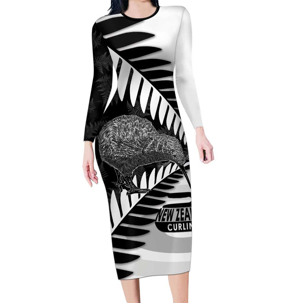 New Zealand Silver Fern Curling Personalised Long Sleeve Bodycon Dress Aotearoa Kiwi Ponga Black White Version - Aussie Hoodie