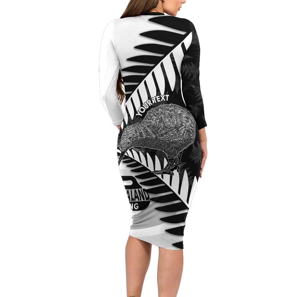 New Zealand Silver Fern Curling Personalised Long Sleeve Bodycon Dress Aotearoa Kiwi Ponga Black White Version - Aussie Hoodie