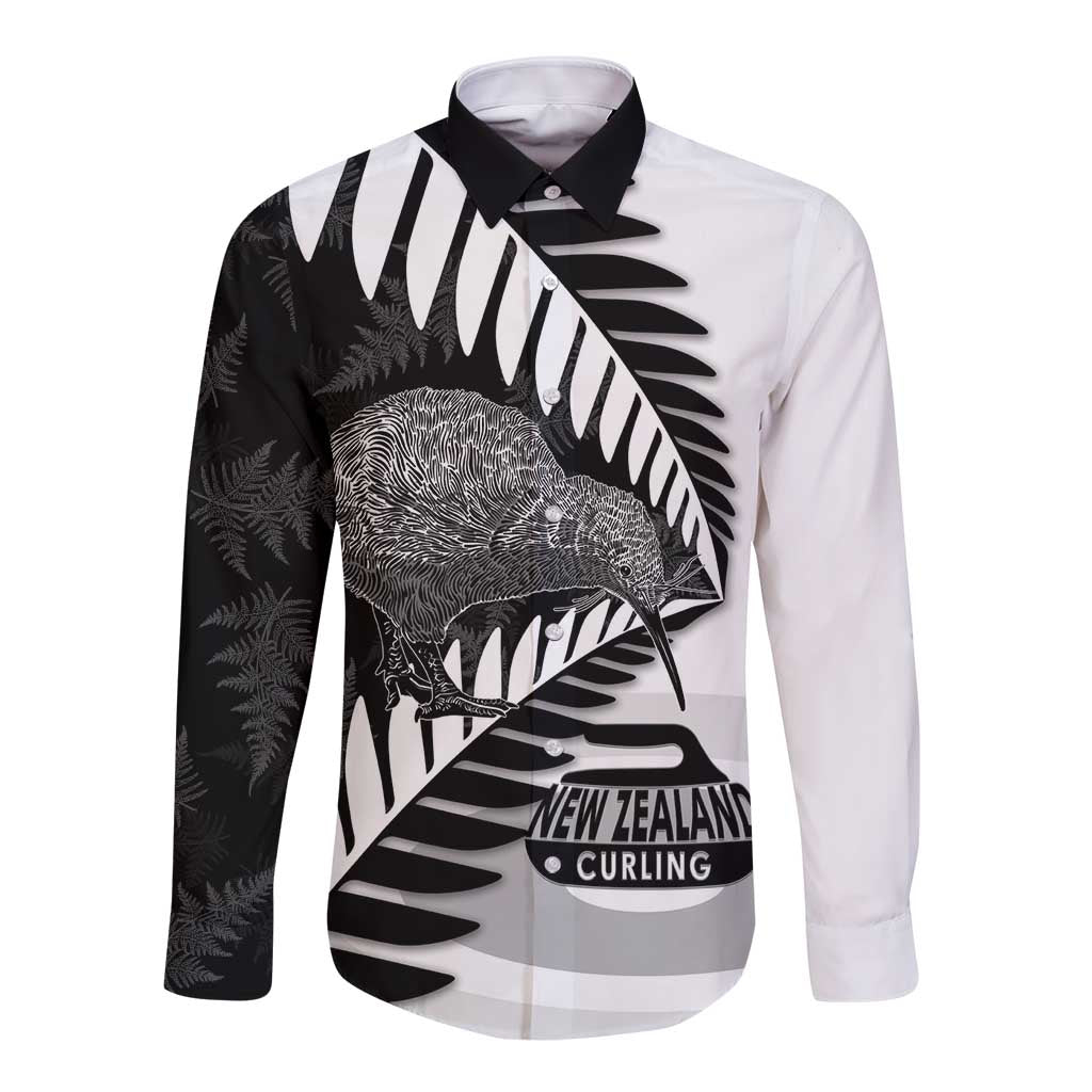New Zealand Silver Fern Curling Personalised Long Sleeve Button Shirt Aotearoa Kiwi Ponga Black White Version - Aussie Hoodie