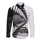 New Zealand Silver Fern Curling Personalised Long Sleeve Button Shirt Aotearoa Kiwi Ponga Black White Version - Aussie Hoodie