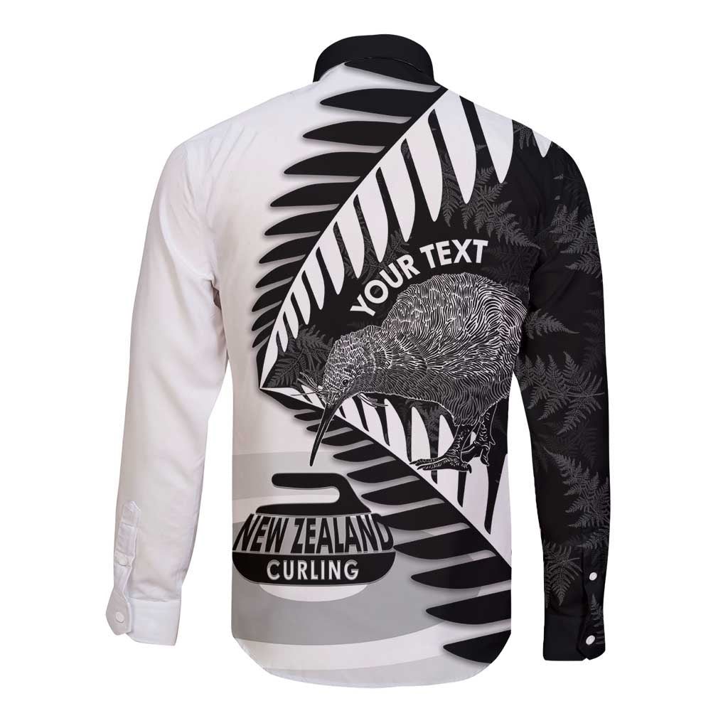 New Zealand Silver Fern Curling Personalised Long Sleeve Button Shirt Aotearoa Kiwi Ponga Black White Version - Aussie Hoodie
