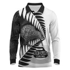 New Zealand Silver Fern Curling Personalised Long Sleeve Polo Shirt Aotearoa Kiwi Ponga Black White Version - Aussie Hoodie