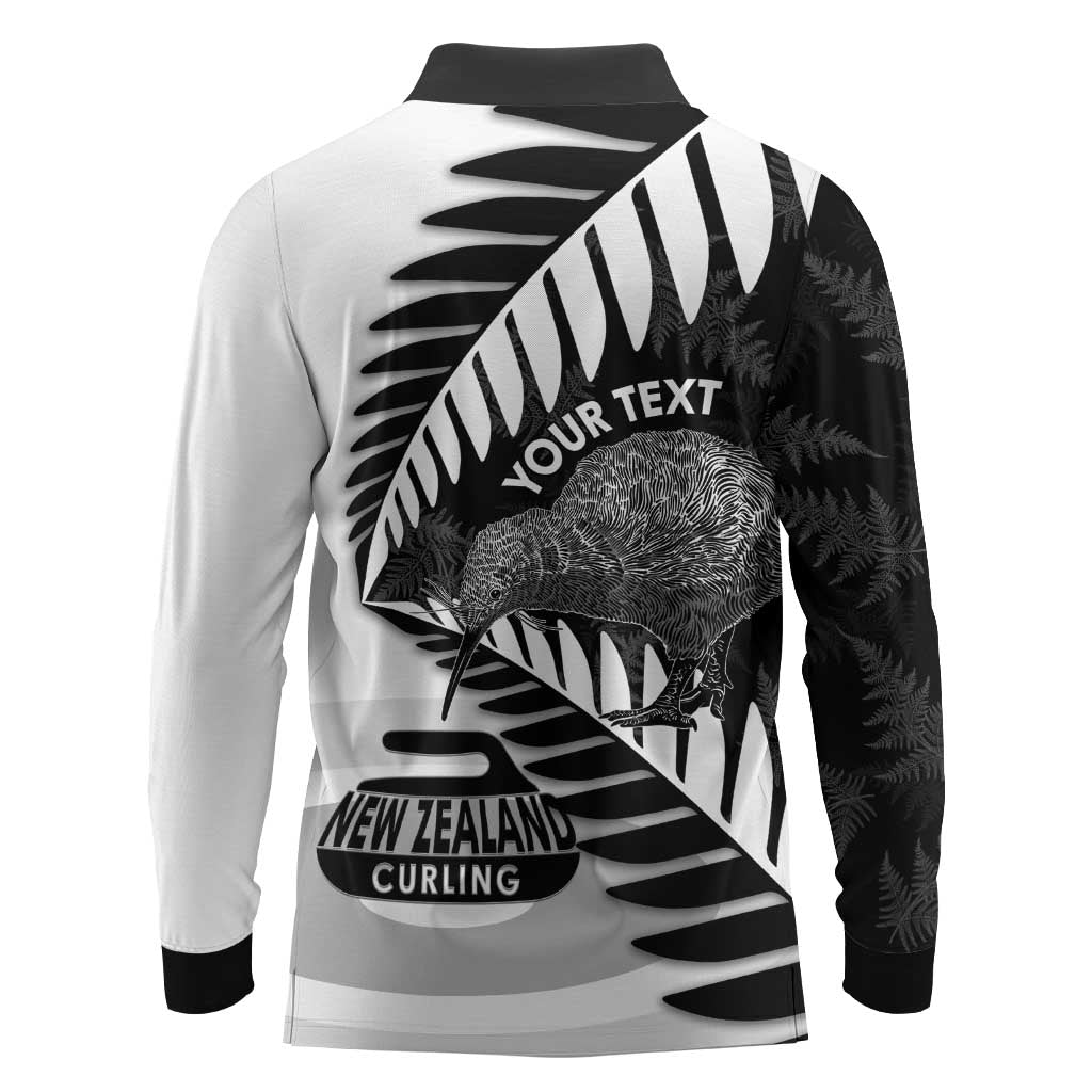 New Zealand Silver Fern Curling Personalised Long Sleeve Polo Shirt Aotearoa Kiwi Ponga Black White Version - Aussie Hoodie