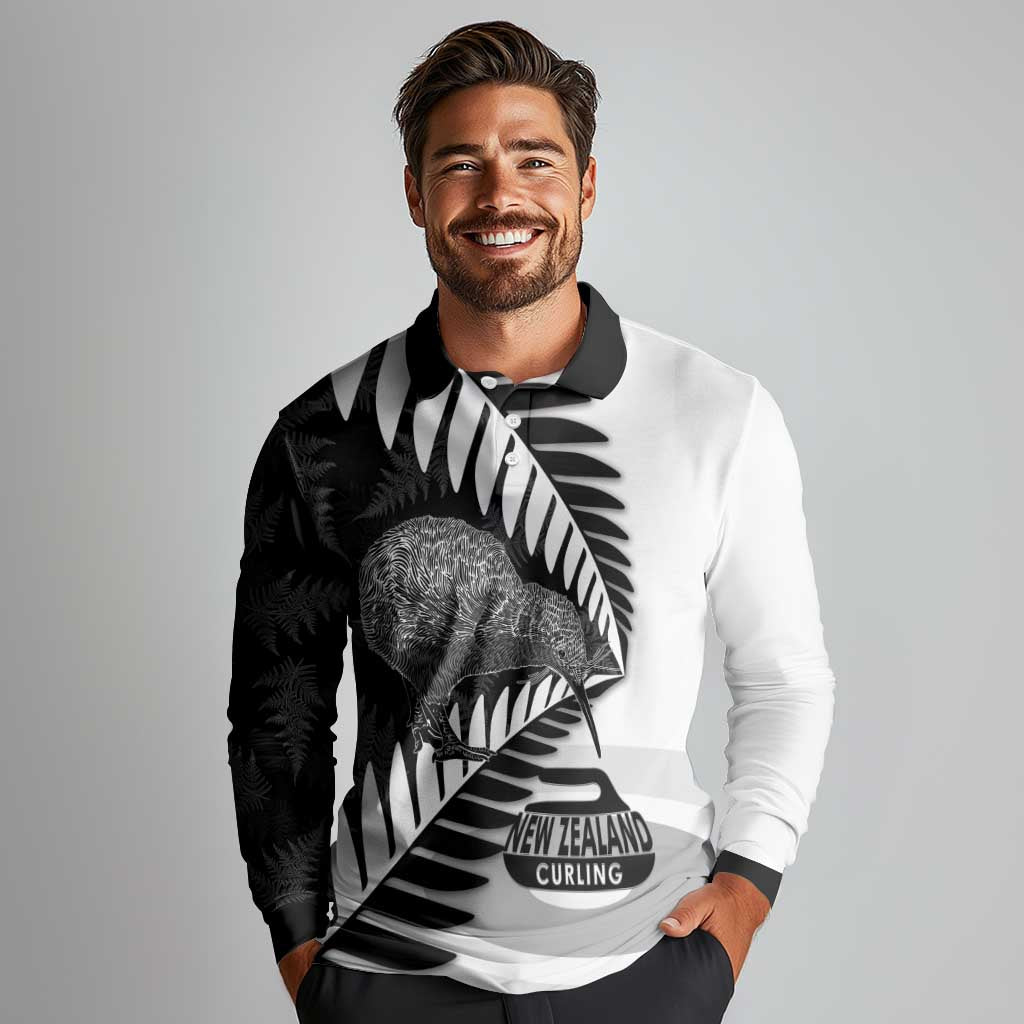 New Zealand Silver Fern Curling Personalised Long Sleeve Polo Shirt Aotearoa Kiwi Ponga Black White Version - Aussie Hoodie