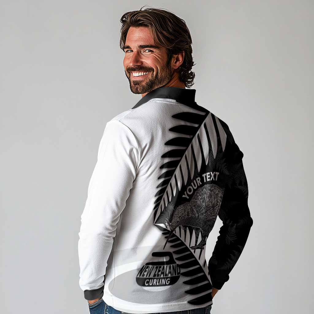 New Zealand Silver Fern Curling Personalised Long Sleeve Polo Shirt Aotearoa Kiwi Ponga Black White Version - Aussie Hoodie