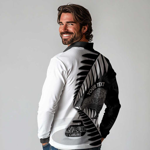 New Zealand Silver Fern Curling Personalised Long Sleeve Polo Shirt Aotearoa Kiwi Ponga Black White Version - Aussie Hoodie