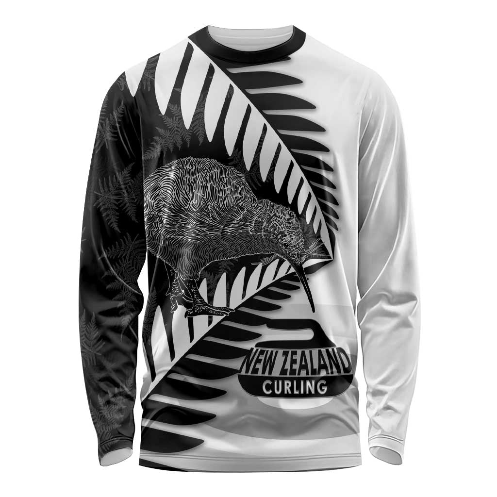 New Zealand Silver Fern Curling Personalised Long Sleeve Shirt Aotearoa Kiwi Ponga Black White Version - Aussie Hoodie