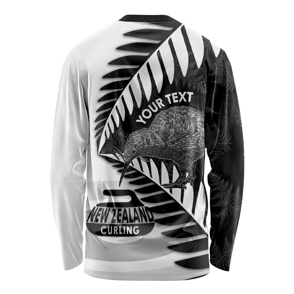 New Zealand Silver Fern Curling Personalised Long Sleeve Shirt Aotearoa Kiwi Ponga Black White Version - Aussie Hoodie