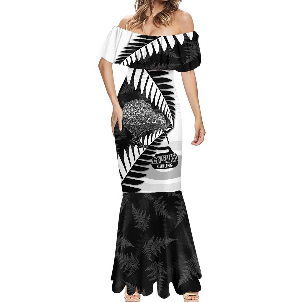 New Zealand Silver Fern Curling Personalised Mermaid Dress Aotearoa Kiwi Ponga Black White Version - Aussie Hoodie