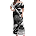New Zealand Silver Fern Curling Personalised Off Shoulder Maxi Dress Aotearoa Kiwi Ponga Black White Version - Aussie Hoodie