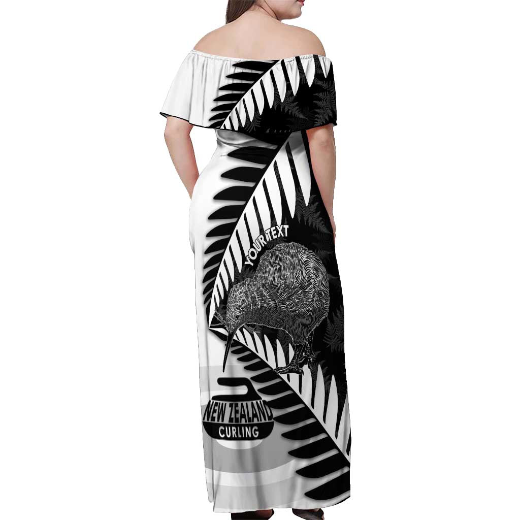 New Zealand Silver Fern Curling Personalised Off Shoulder Maxi Dress Aotearoa Kiwi Ponga Black White Version - Aussie Hoodie