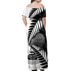 New Zealand Silver Fern Curling Personalised Off Shoulder Maxi Dress Aotearoa Kiwi Ponga Black White Version - Aussie Hoodie