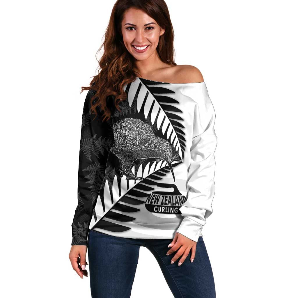 New Zealand Silver Fern Curling Personalised Off Shoulder Sweater Aotearoa Kiwi Ponga Black White Version - Aussie Hoodie
