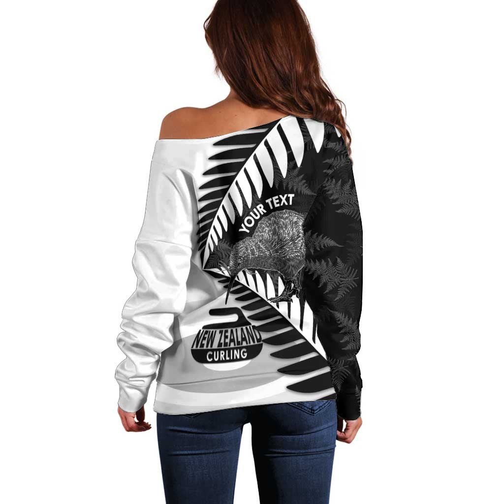 New Zealand Silver Fern Curling Personalised Off Shoulder Sweater Aotearoa Kiwi Ponga Black White Version - Aussie Hoodie