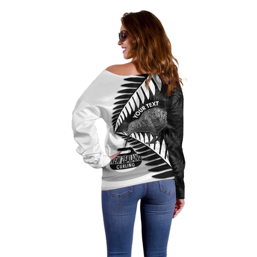 New Zealand Silver Fern Curling Personalised Off Shoulder Sweater Aotearoa Kiwi Ponga Black White Version - Aussie Hoodie