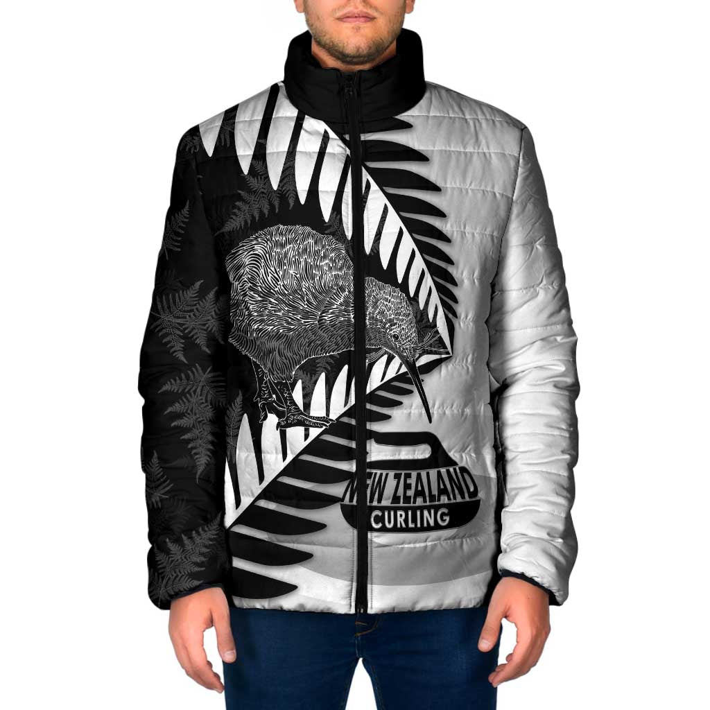 New Zealand Silver Fern Curling Personalised Padded Jacket Aotearoa Kiwi Ponga Black White Version - Aussie Hoodie